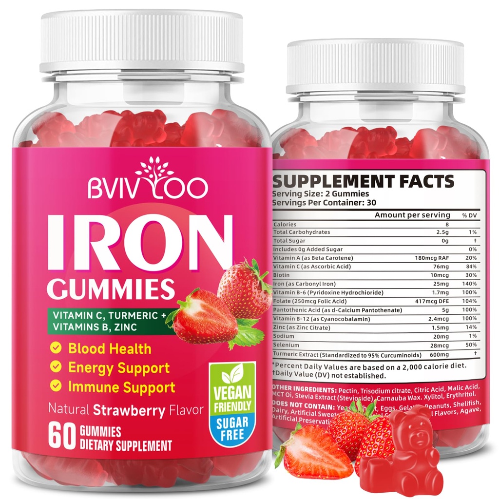 성인 및 어린이를위한 Vegan Iron Gummies - 비타민 C, A, B-Complex, Folate, 아연 및 Biotin - 혈액 빌딩 및 에너지 지원, 60 Gummies