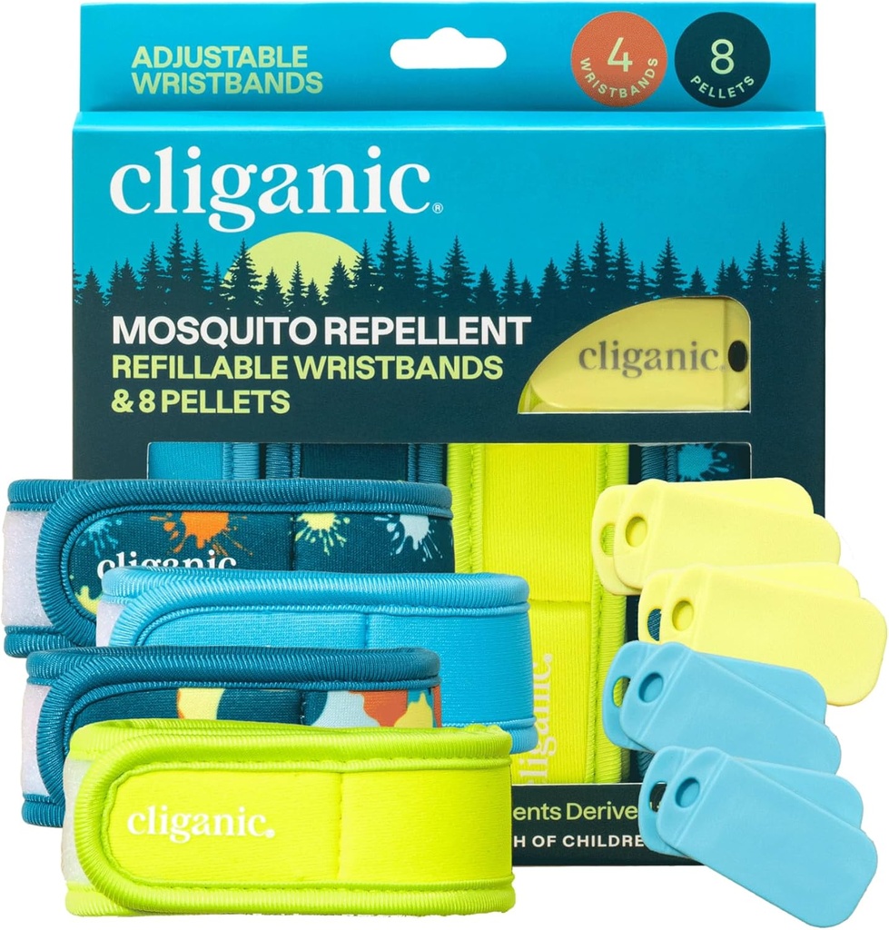 Cliganic Mosquito Repellent 팩 (4 팔찌 + 8 리필 펠릿) - 조절 가능, 천연 DEET-Free, 에센셜 오일 주입