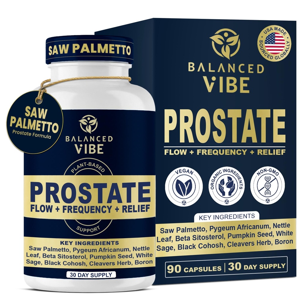 남자를 위한 균형이 잡힌 Vibe 전립선 지원 보충교재 | Saw Palmetto, Pygeum & Beta-Sitosterol를 가진 유기 식물 근거한 공식 | 지원 교류 & 안락, 일 및 밤 | 90 Vegan 캡슐