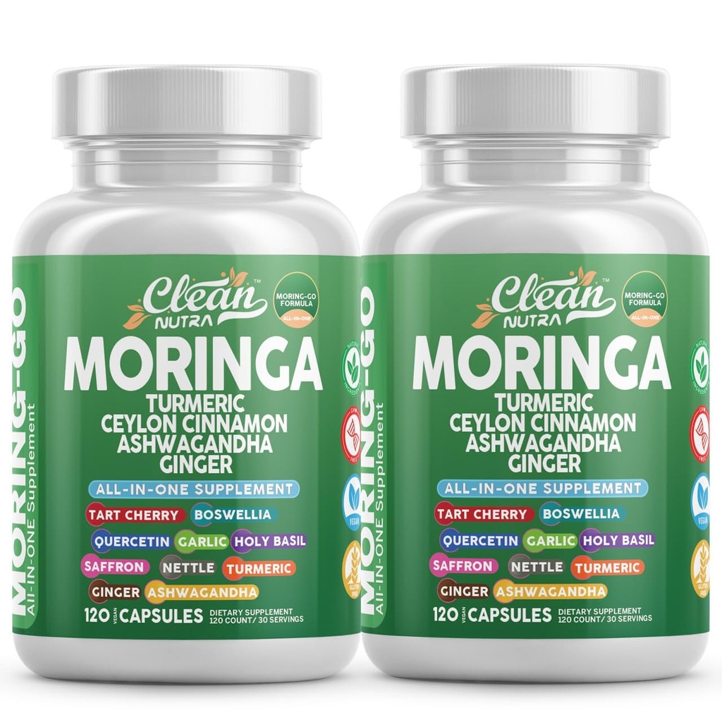 Moringa 분말 캡슐 + Turmeric Moringa 잎 Ceylon Cinnamon Ashwagandha Ginger Tart Cherry Boswellia Quercetin Garlic Holy Basil Saffron Nettle Black Pepper Moring-Go Supplement By Clean Nutra (2)