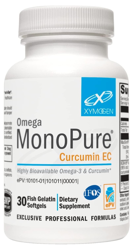 XYMOGEN 오메가 MonoPure Curcumin EC - 향상된 DHA EPA 흡수 + 심황 추출물 - Cytokine 밸런스 지원을위한 오메가 3 보충 (30 Softgels)