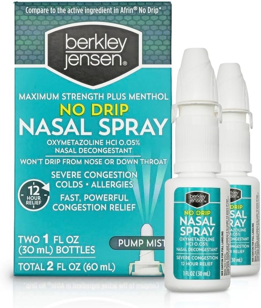 berkley jensen 아니 드립 심한 소화 나살 살포 - Oxymetazoline HCl & Menthol를 가진 최대 힘 Decongestant - 펌프 안개 도포 없음, 스테로이드 없음, 12 시간 구호, 1 액체 Ounce (포장 2)
