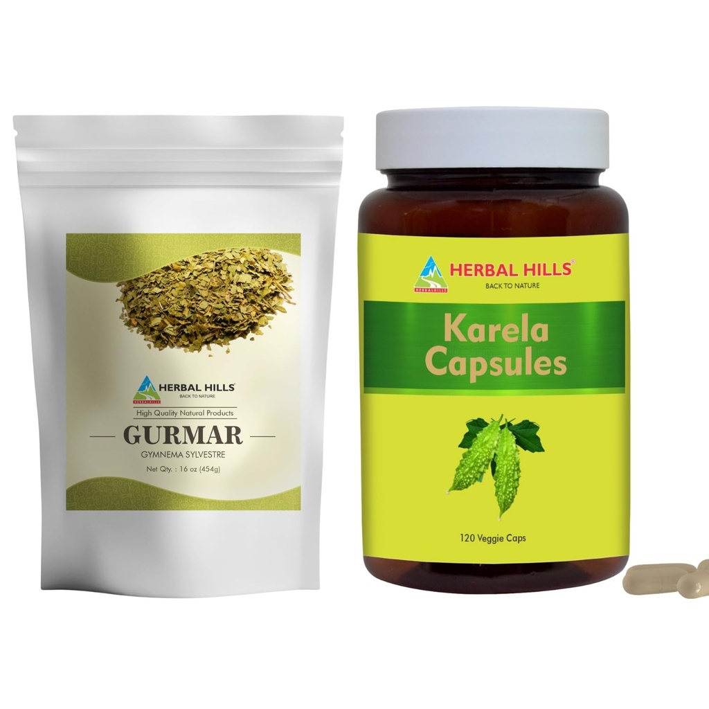 HERBAL HILLS Gurmar 차 분말과 2개의 결합의 Karela 캡슐 팩