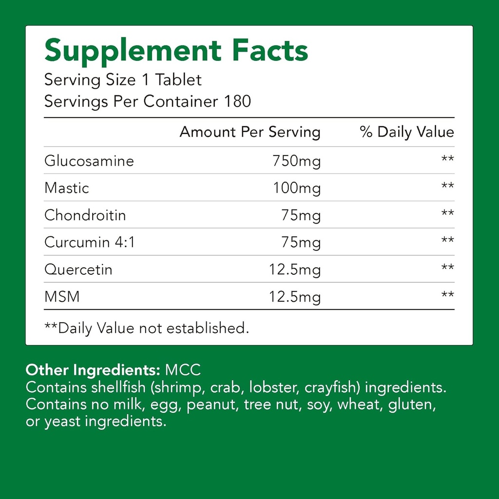 프리미엄 글루코사민 + Chondriotin + MSM + Mastic + Curcumin (750mg) | 뼈 및 관절 건강 (1 병-180 캡슐-6mo 공급) | 합동 지원 비타민 | 비 GMO & 글루텐 무료