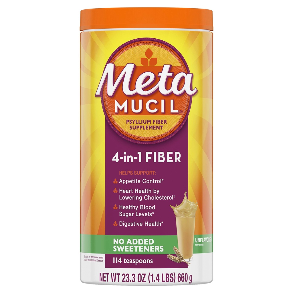 Metamucil 섬유, 4-in-1 Psyllium 섬유 보충교재, 설탕 자유로운 분말, Unflavored 음료, 114의 서빙 (포장 May Vary)