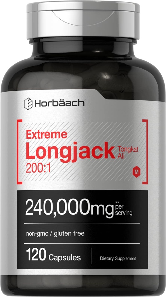Horbäach - Longjack Tongkat Ali | 240,000 mg (200:1 Potent Extract) | 120 캡슐 | 극단적 인 남성 성능 보충 | 슈퍼 집중 초본 추출물 공식 | Non-GMO & 글루텐 무료 약