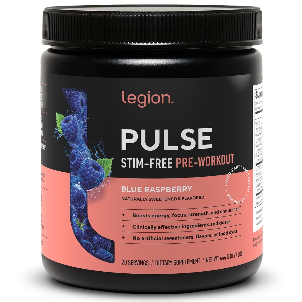 LEGION 맥박 전 운동 보충교재 - 모든 자연적인 Nitric 산화물 Preworkout 음료는 에너지, Creatine를 해방합니다, 자연적으로, Beta Alanine, Citrulline, 알파 GPC (Caffeine 자유로운 파란 Razz)를