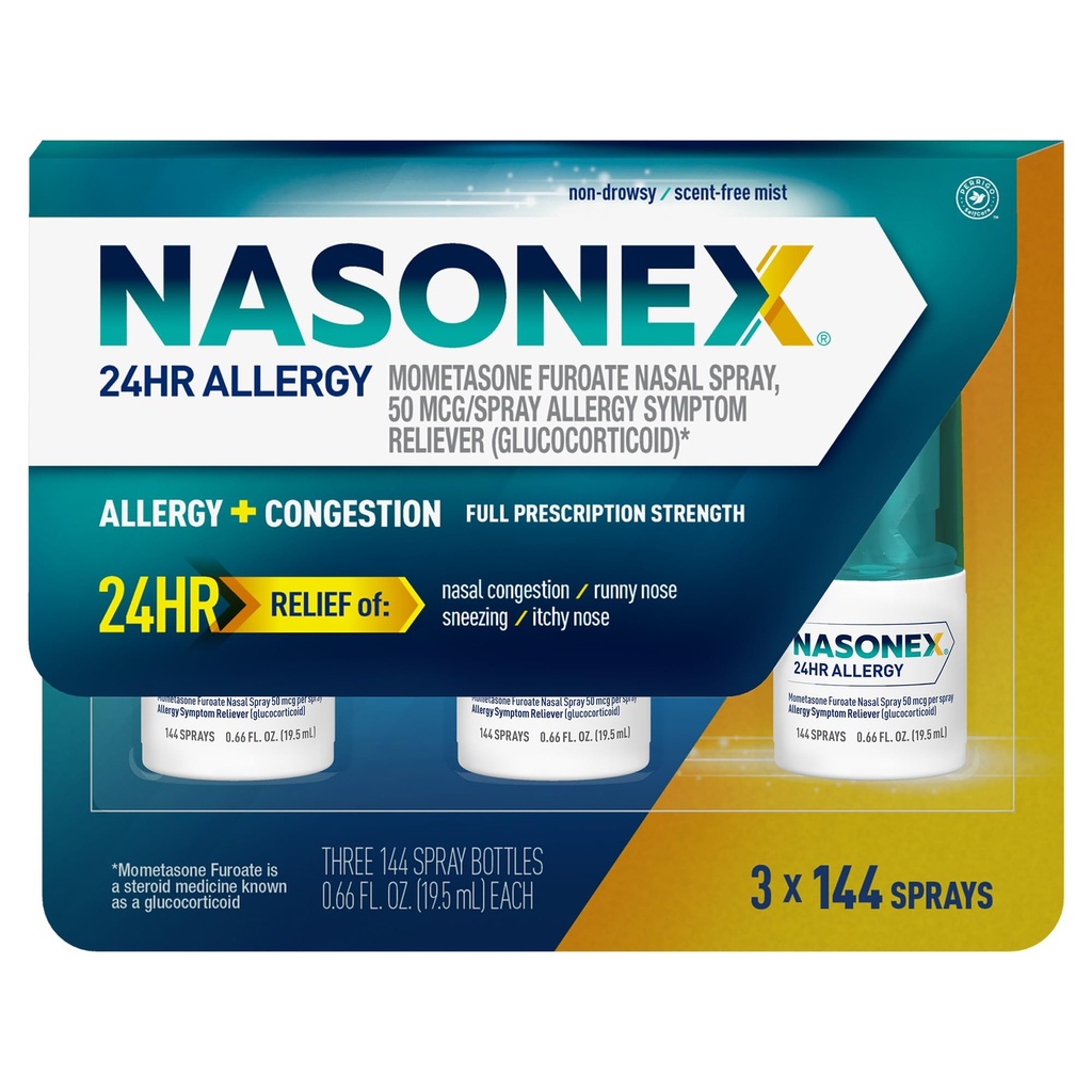 Nasonex 24HR 알레르기 Nasal 살포, 비 Drowsy, 냄새 자유로운 안개, 알레르기 증상 + Nasal 소화, 가득 차있는 처방전 힘, 120 살포 (3 팩)