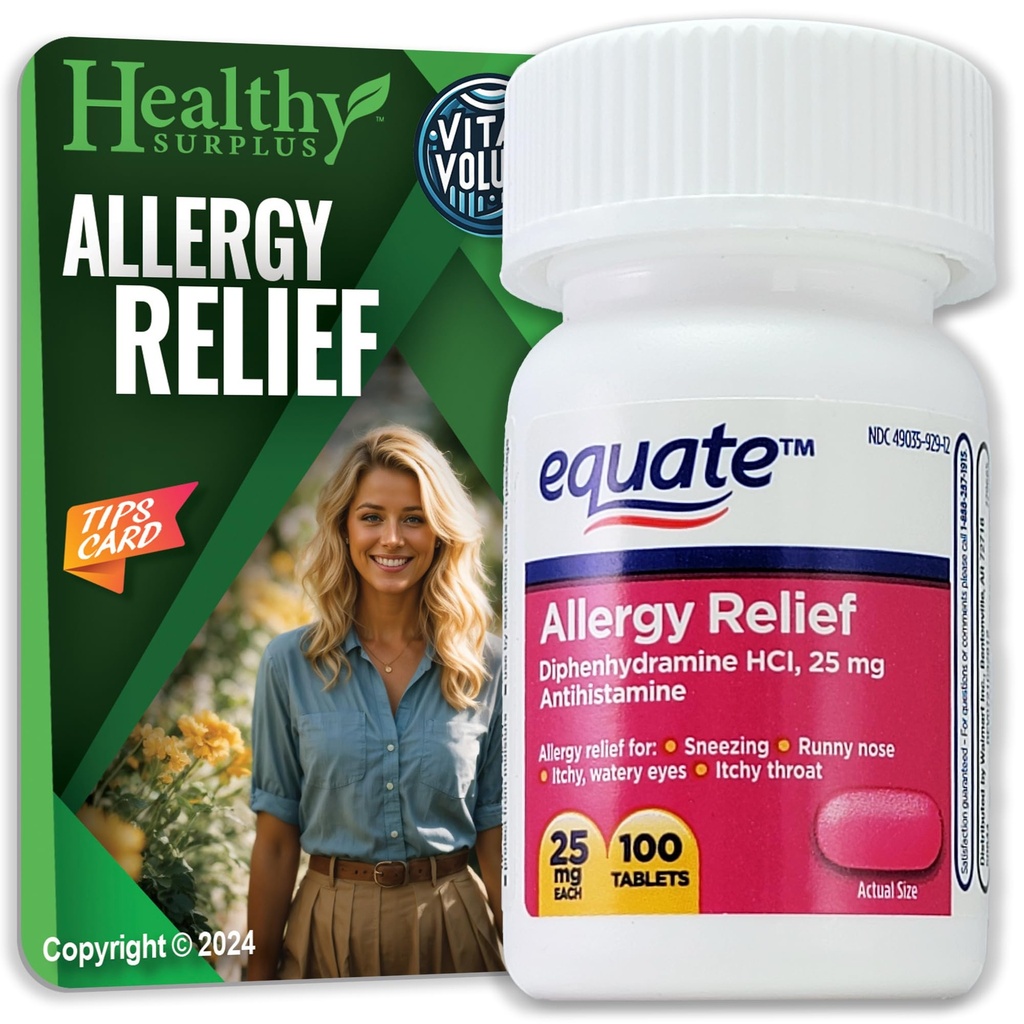 건강한 Surplus® 생생한 양 끝 카드 & 동등한 Allergy 기복 Diphenhydramine HCL, 25 mg 100 정제 뭉치
