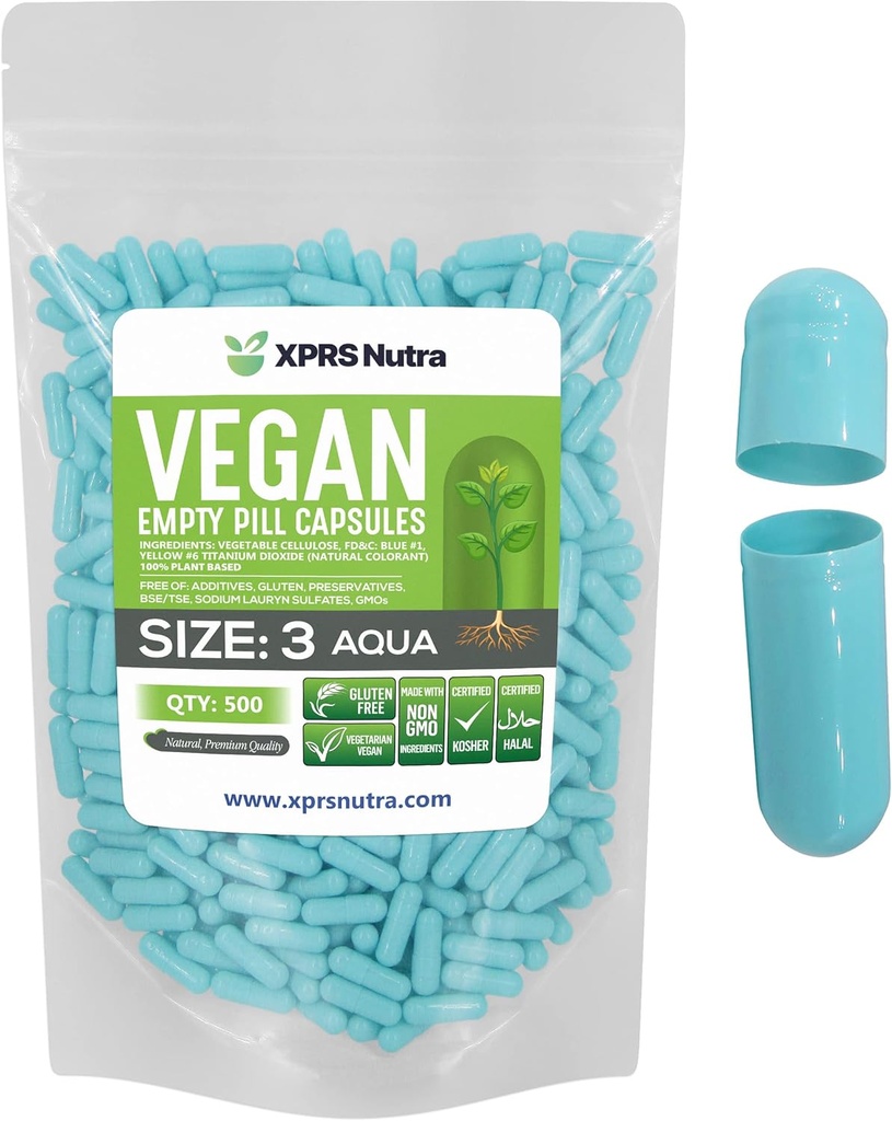 XPRS Nutra 크기 3 빈 캡슐 - 500 카운트 빈 채식 환약 - 채식 환약 - DIY 야채 캡슐 충전 - Veggie Pill Caps (아물)