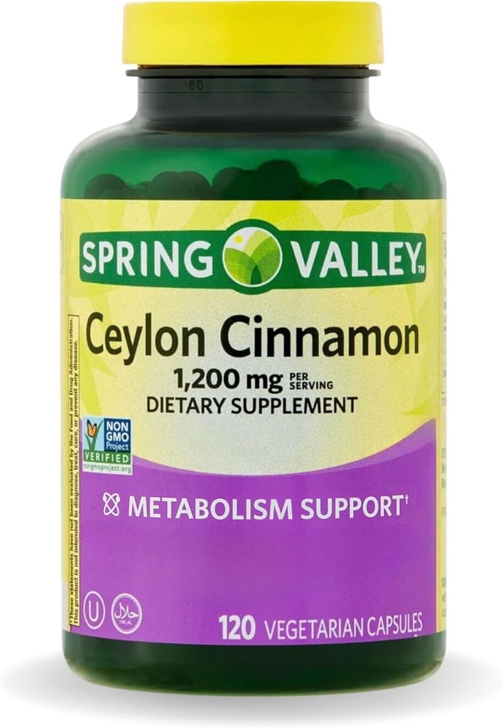 Spring Valley Ceylon Cinnamon 캡슐 1200 mg 캡슐, 지원 대사 * 120 조사 | 비 GMO & 글루텐 자유로운 알약 (1의 포장)