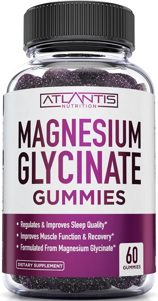 Atlantis Nutrition Magnesium Glycinate Gummies 700mg - 어린이 및 성인을위한 Vegan 마그네슘 글리세라이드 - 근육 지원 및 강화 수면 - 맛있는 포도 풍미 - 전체 가족을위한 - 60 개