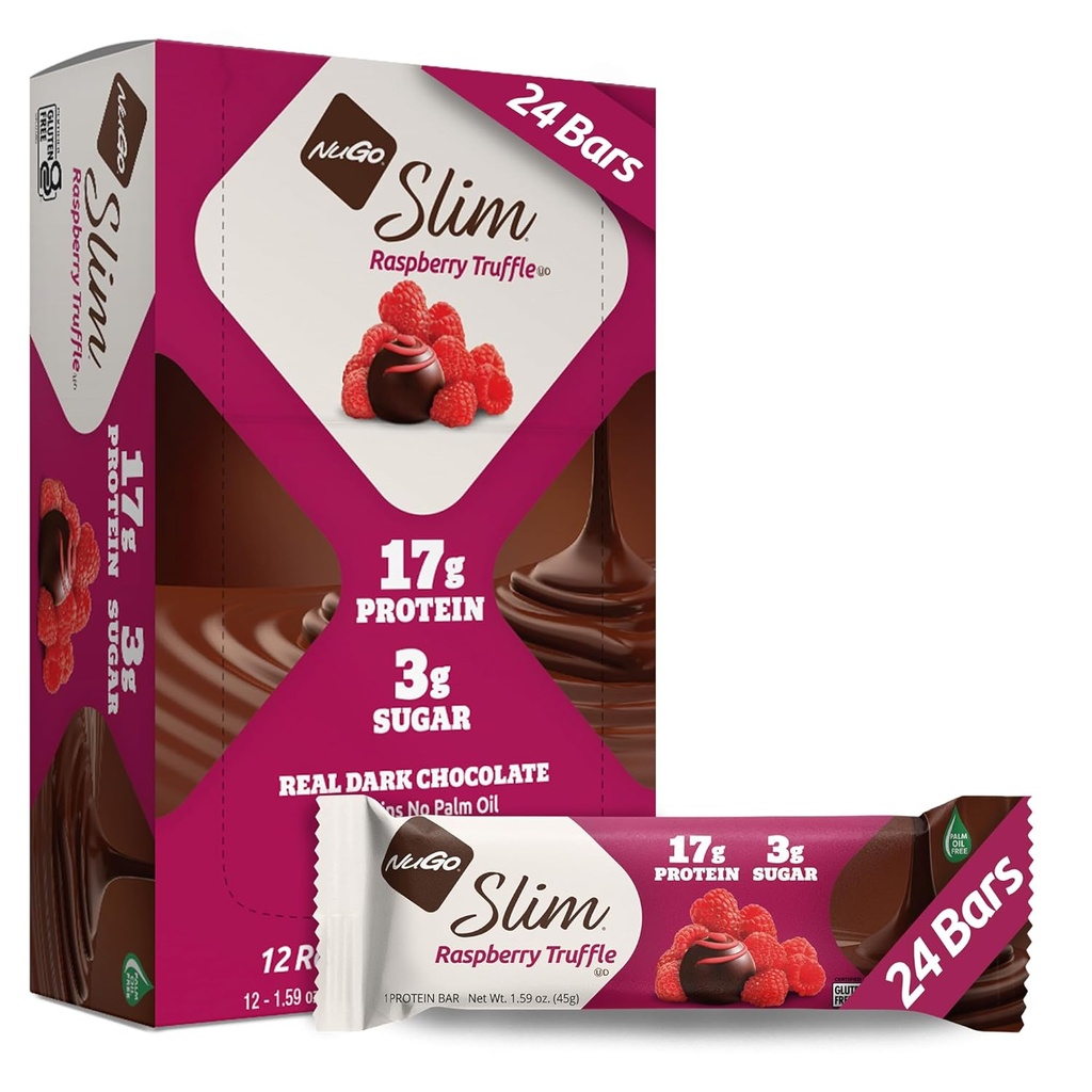 NuGo 슬림 다크 초콜릿 라즈베리 트러플, 17g 단백질, 2g 설탕, 7g 섬유, 낮은 그물 캐비, Keto 친절, 글루텐 무료, 24 조사