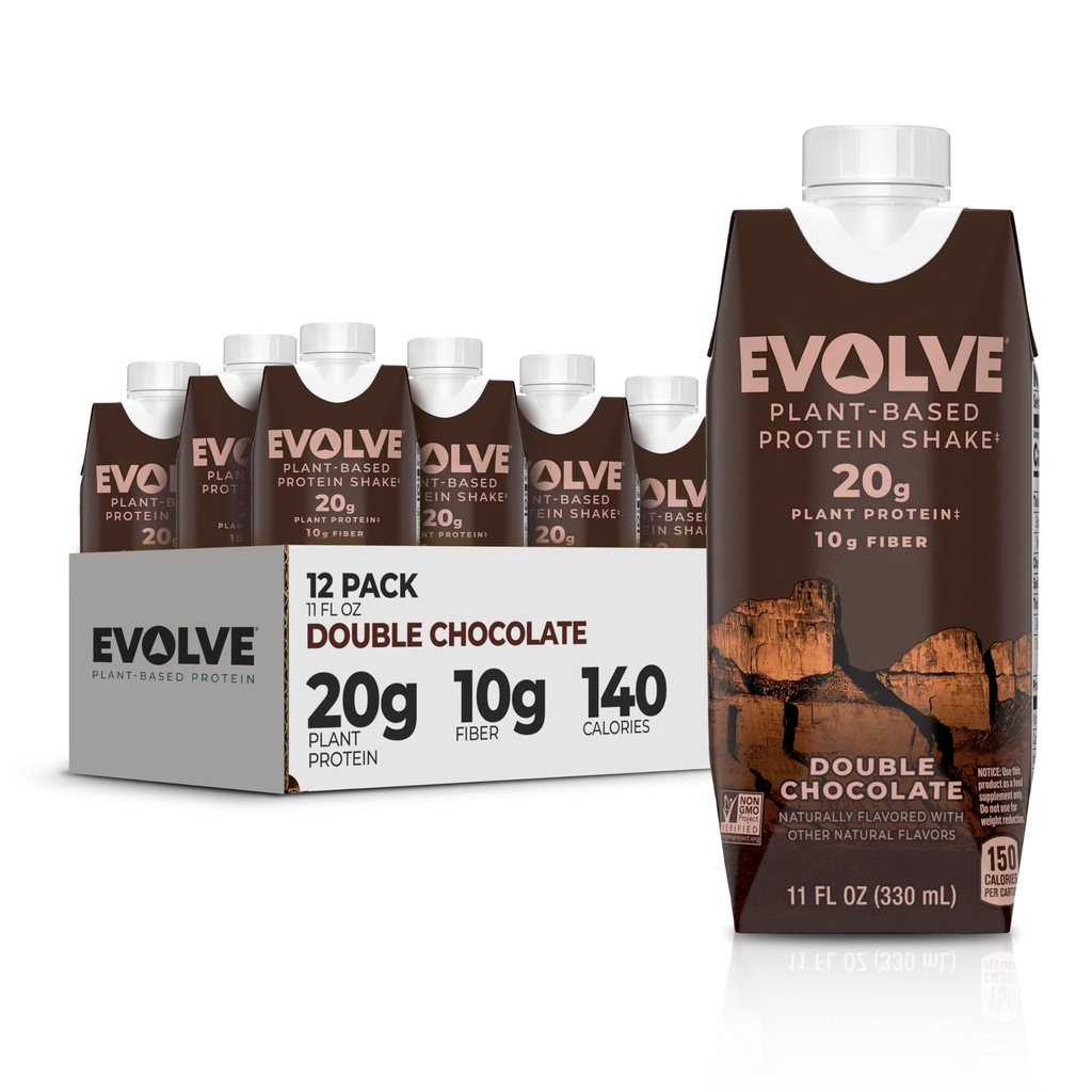 식물 기반 단백질 쉐이크, 더블 초콜릿, 20g Vegan Protein, Dairy Free, 인공 감미료 없음, 비 GMO, 10g 섬유, 11 Fl Oz (12 포장) - (Formula May Vary)