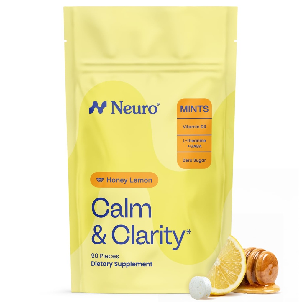 NeuroGum Calm & Clarity Mints (Honey Lemon, 90 Pieces) | GABA + L-Theanine + 비타민 D3 | 설탕 무료 계류 및 스트레스 완화 보충