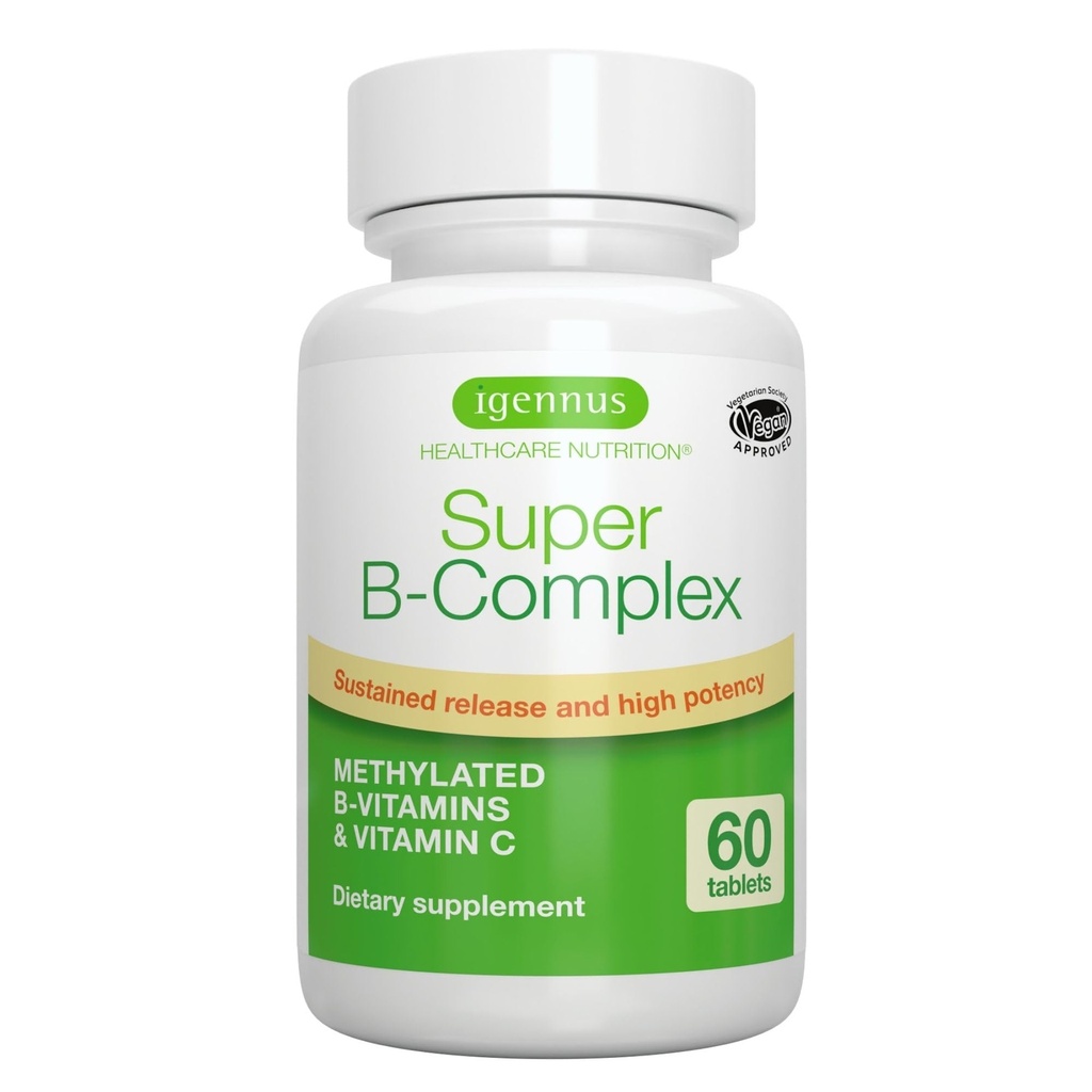 Igennus Super B-Complex 메틸을 섞은 B 비타민 - 5MTHF Folate & 메틸 B12, 에너지, 무드 & 인지 성과, 실험실 확인된, 60 작은 정제와 더불어 유지한 방출, 청결한 상표 & 높은 흡수