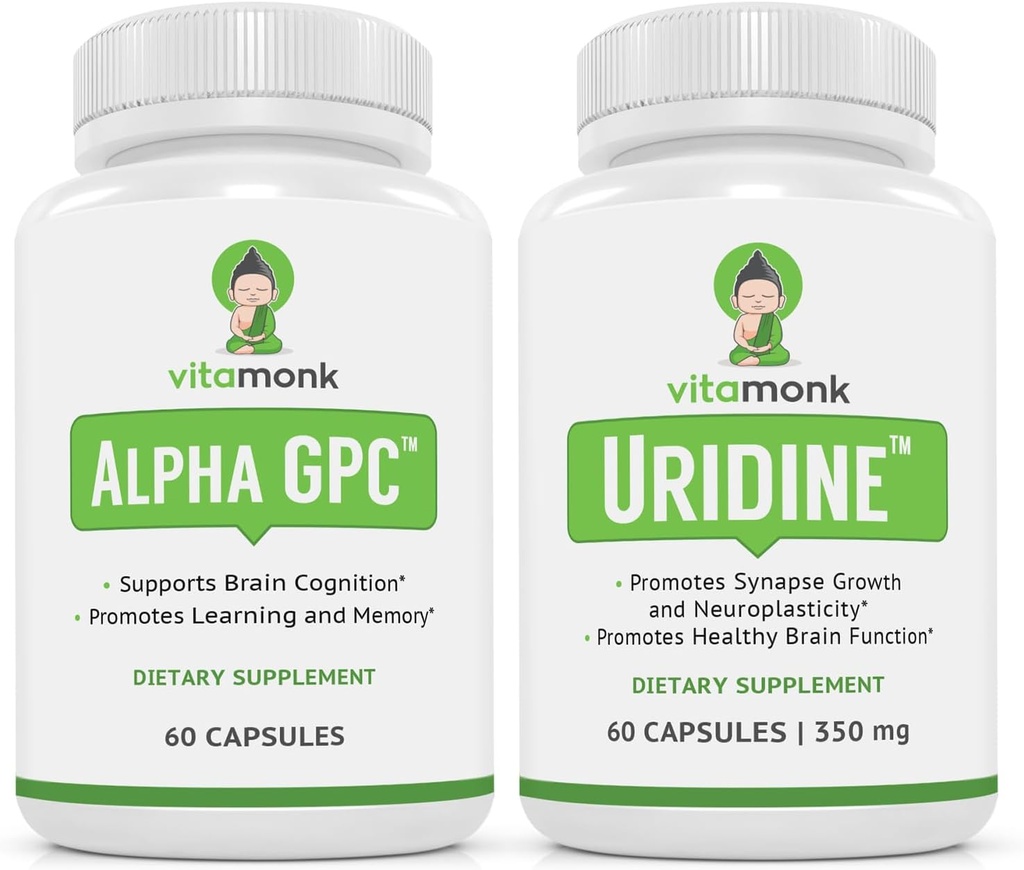 VitaMonk Alpha GPC 및 Uridine Stack - Mr Happy Stack - 인공 필러가없는 Uridine Monophosphate - Bioavailable Choline Supplements는 Cognition, Focus, Mental Clarity를 촉진합니다.