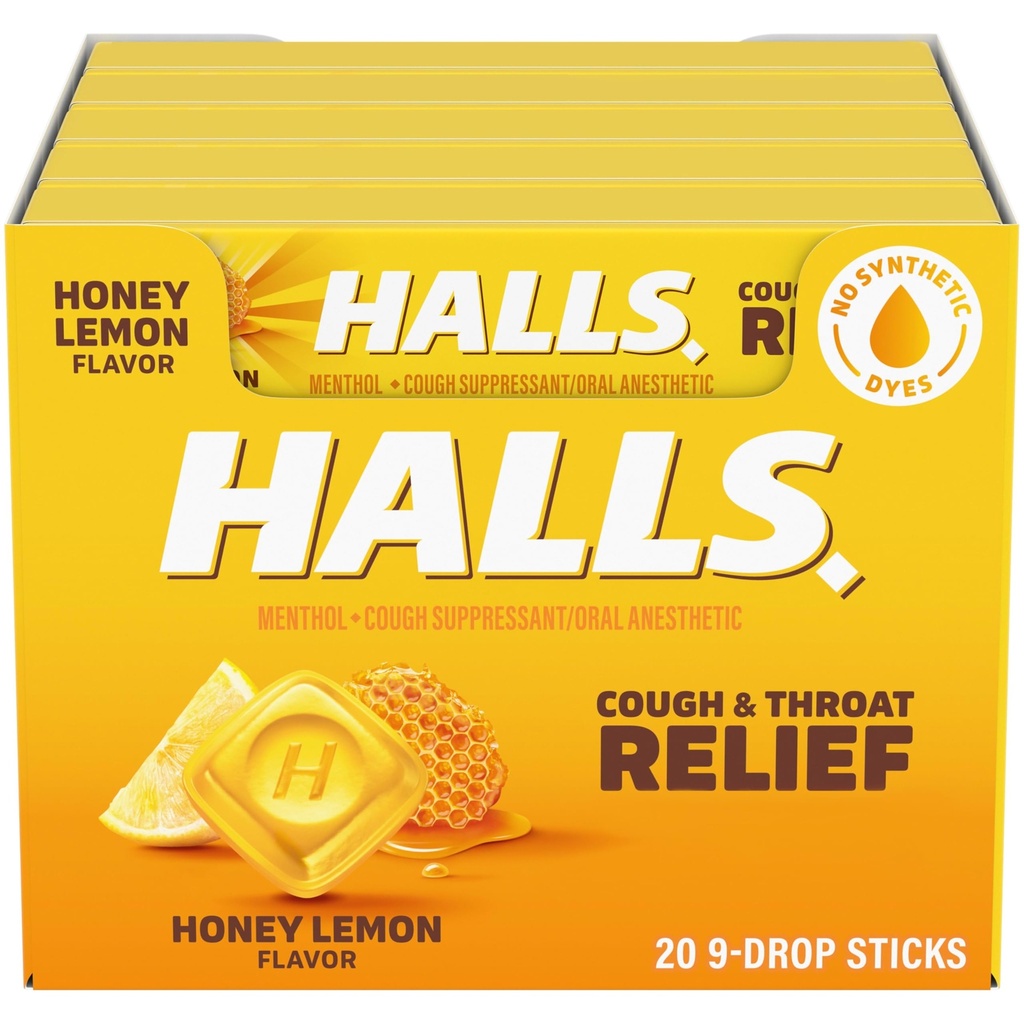 HALLS 기침과 목구멍 구호 꿀 레몬 기침, 20 스틱의 9 (180 총 드롭)