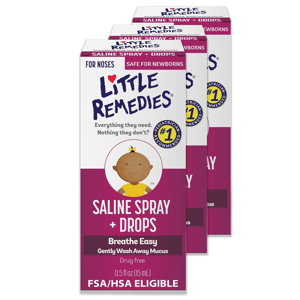 Little Remedies Sterile Baby Saline Nasal Spray and Drops, 신생아에 대한 안전 Stuffy and Dry Noses, 0.5 Fl Oz, 팩 3