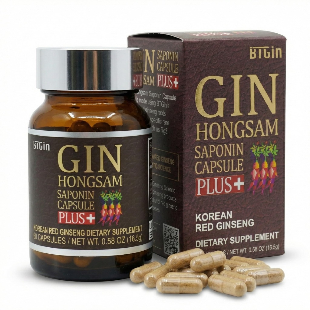 Korean Red Ginseng [Gin HONGSAM] 60 캡슐 - 프리미엄 노화 방지 보조제 - 부스트 에너지 | Immune | 여성 및 남성용 메모리 100% 레드 인삼