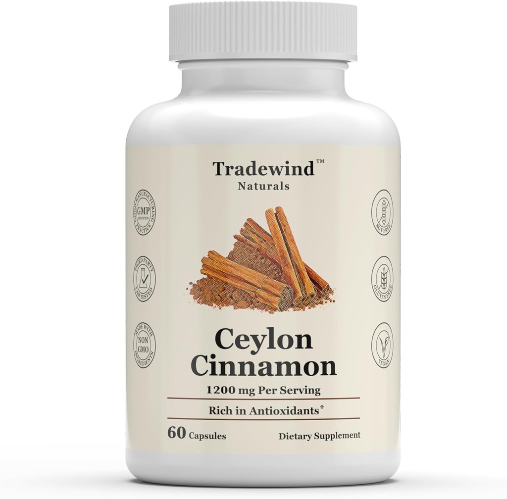 Ceylon Cinnamon 1200mg - 순수한 Ceylon Cinnamon - Vegan - Non-GMO - 항 산화제에 풍부한 지원 - 60 식물성 캡슐 - 미국에서 만든