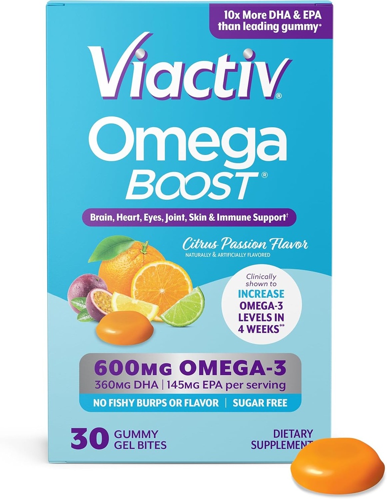 Viactiv 오메가 3 물고기 기름 Gummies. 심장 건강과 뇌 건강을위한 EPA DHA 보충, 30 설탕 무료 거미 비타민, 1pc 서빙