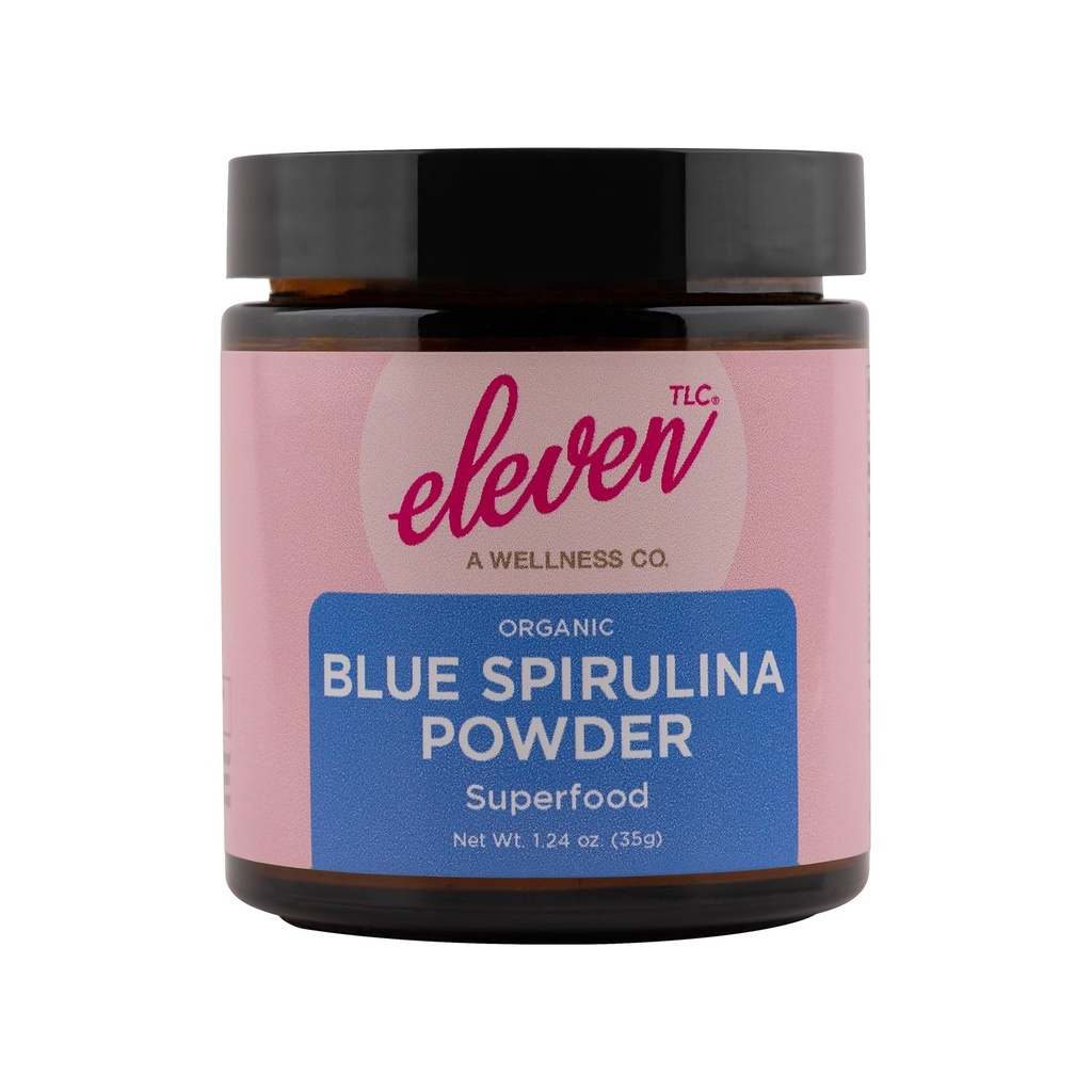 Eleven TLC, 유기 파란 Spirulina 분말, flavorless, Superfood, 비타민 + 무기물, Espirulina Azul en Polvo, 식물 단백질, 비 GMO, 비 Messy 유리제 단지, 1.24 Ounce 35 서빙