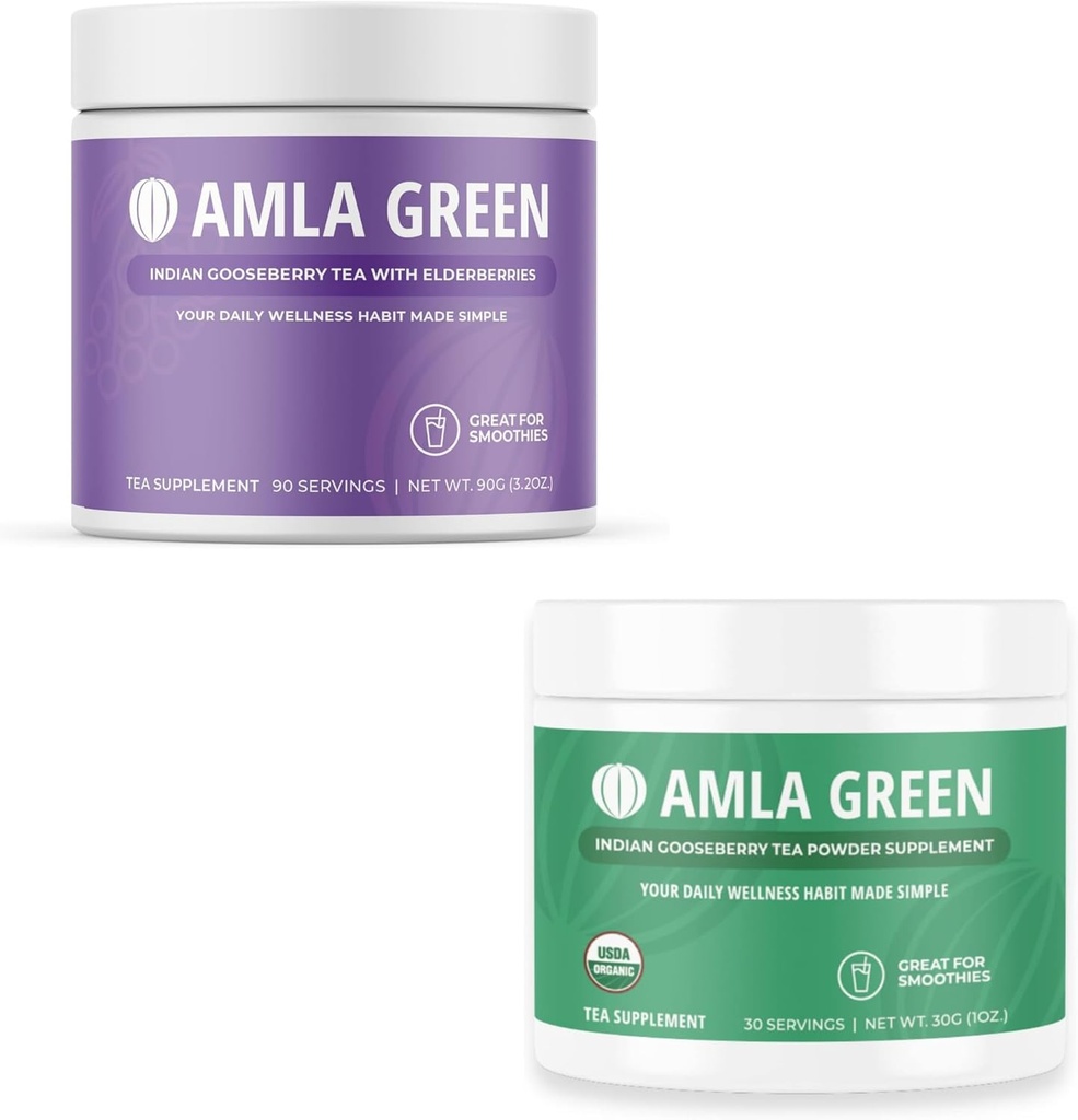 Amla Powder & Green Tea Superfood Supplement, 산화 방지제 지원, Elderberry (90 서빙) 및 인도 Gooseberry (30 서빙), 유기, 비건