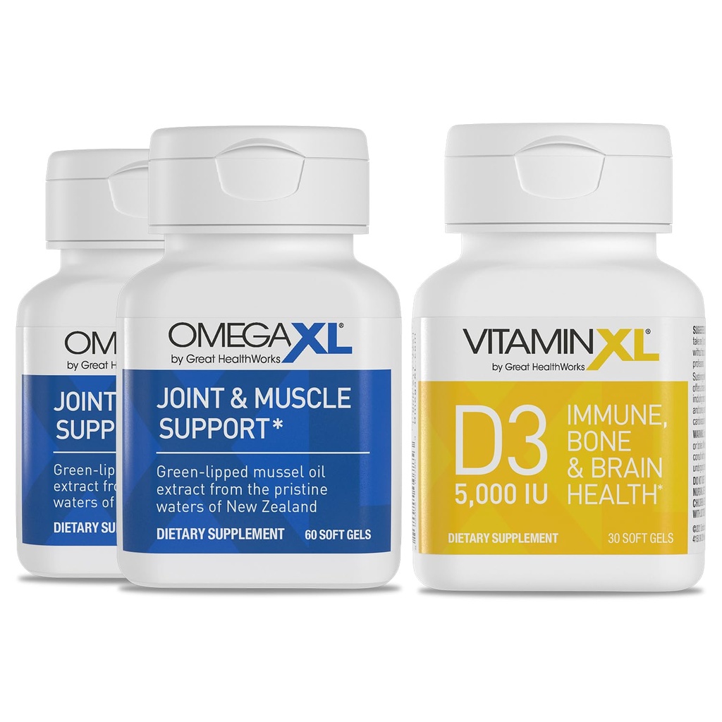 오메가XL 합동 지원 보충교재 - 자연적인 근육/ 면역 지원, 60 Softgels (2 팩) & VitaminXL D3 높은 힘 매일 비타민 D 5000 IU 125mcg 보충교재 (30 Softgels)