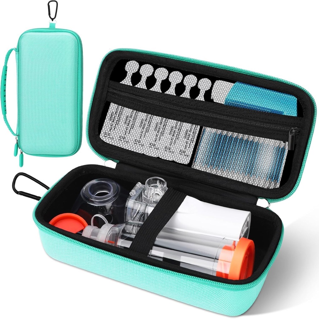 Asthma Inhaler 케이스, 휴대용 분무기 주최자, 메쉬 포켓, 더블 지퍼, 실리콘 핸들, 어린이 및 성인, 세련된 녹색 여행 독서