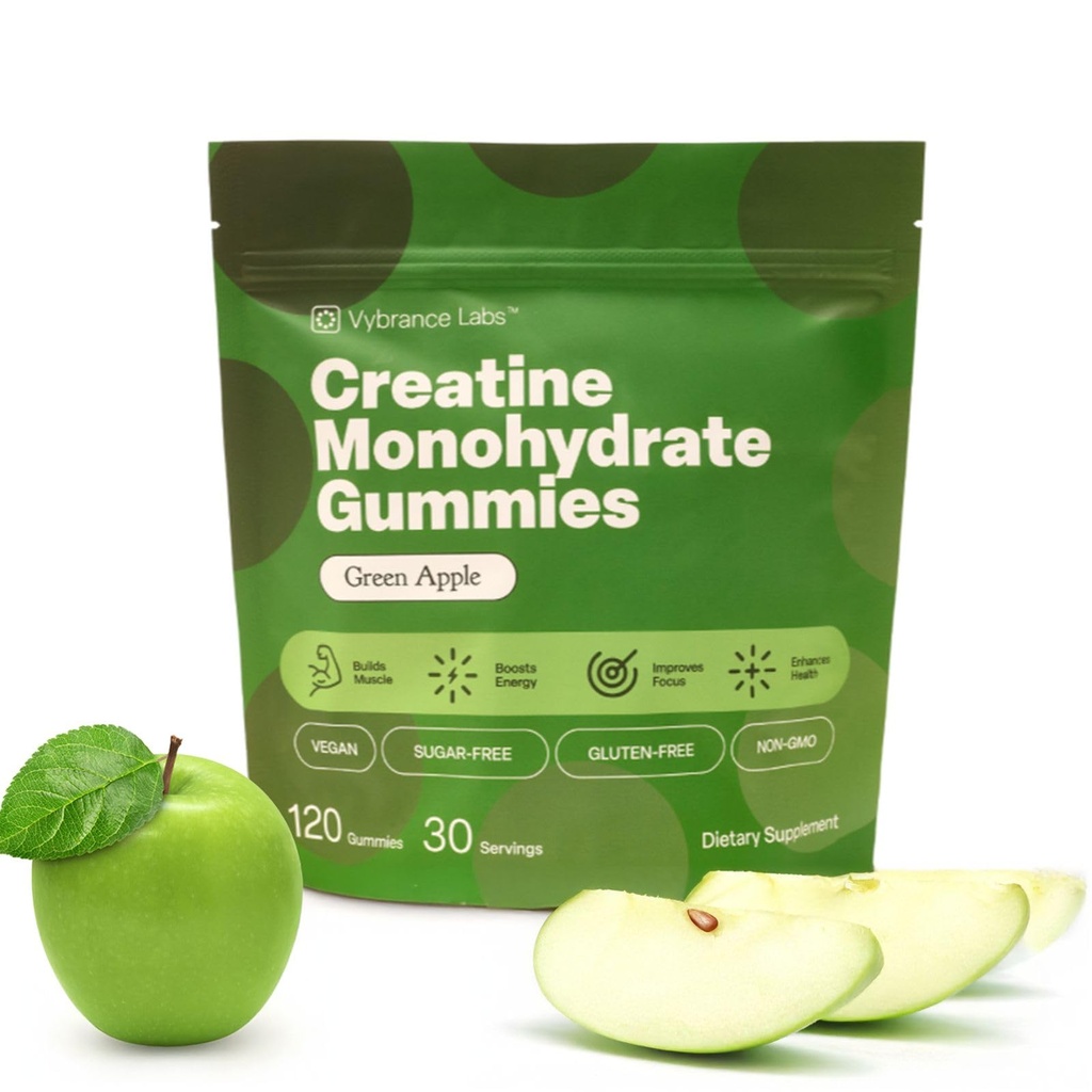크레아틴 Gummies 5g Monohydrate + Taurine & B12 - 설탕 자유로운, Vegan, 글루텐 자유로운 - 녹색 사과 - 힘, 에너지 & 초점을 위한 120 조사 (30 봉사)