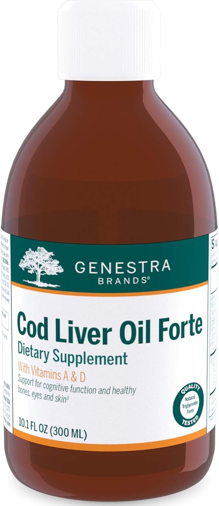 Genestra 브랜드 Cod Liver Oil Forte | 비타민 + 필수 지방산 보충교재 | 10.1 fl. oz.