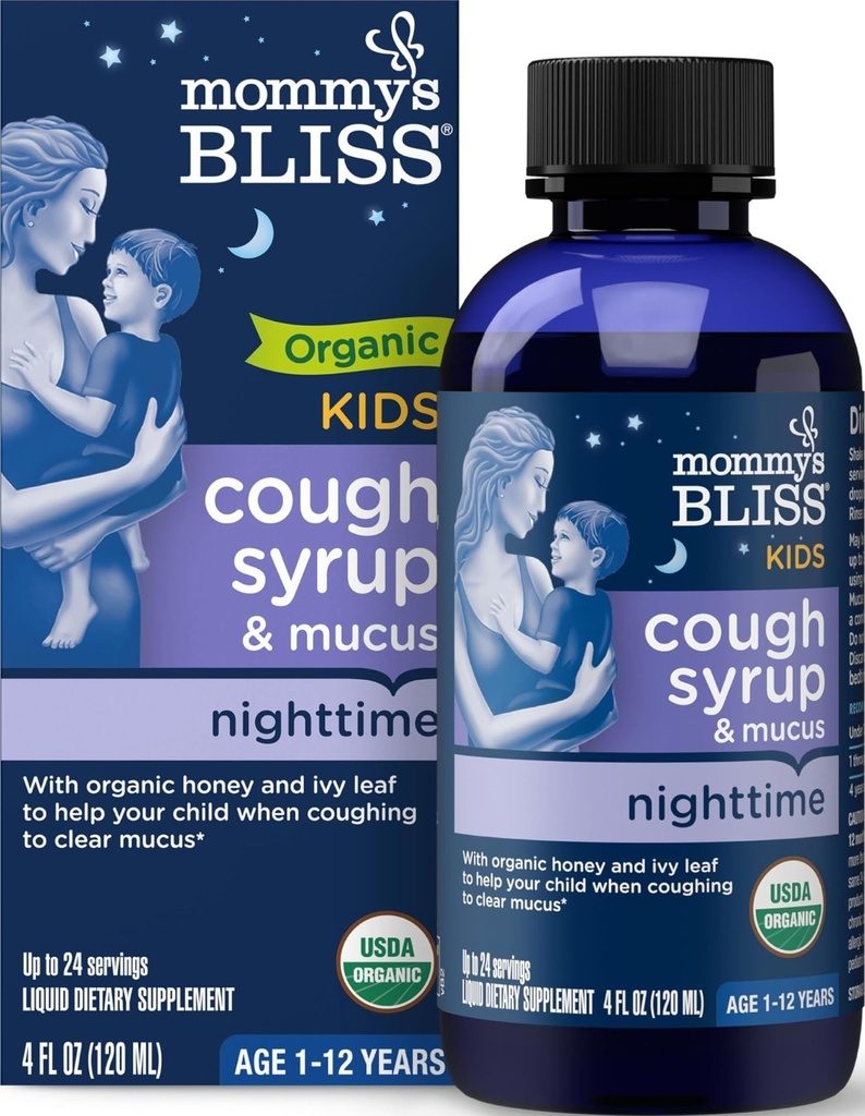 Mommy's Bliss Organic Kids Cough Syrup & Mucus Relief for Night Time, Agave & Honey, Ivy Leaf, 아연, 비타민 C, +Herbal Nighttime Blend, 4 Fl z