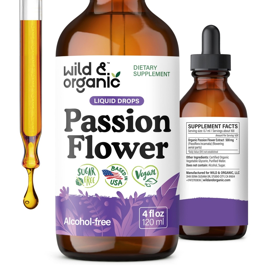 Wild & Organic Passion Flower Tincture - Mood Support - Calming Passionflower Supplement - Passiflora Incarnata 액체 추출물 - Vegan, Sugar & Alcohol-Free Herb Drops - 4 fl oz