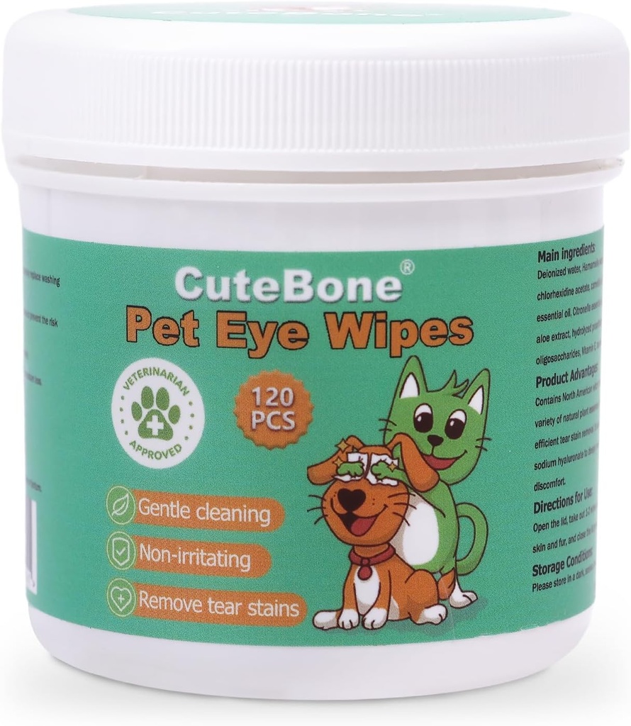 CuteBone 애완 동물 눈 닦음 120 조사 - 개와 고양이를위한 거짓 및 소싱 눈 청소 닦음, 먼지, 눈물 Stains 및 Debris 제거, 눈 감염, 천연 성분, 안전하고 사용하기 쉬운