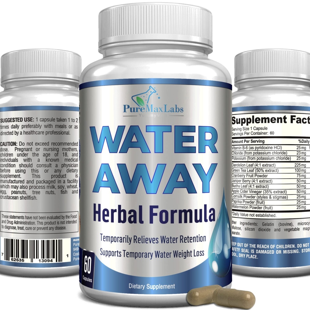 Water Away Gentle Herbal Diuretic - Natural Diuretic Water Pills - Bloating, Dandelion Leaf, Green Tea, Detox Cleanse & Urinary Health로 Excess Water Weight를 감소시킵니다. 비 GMO, 60 캡슐