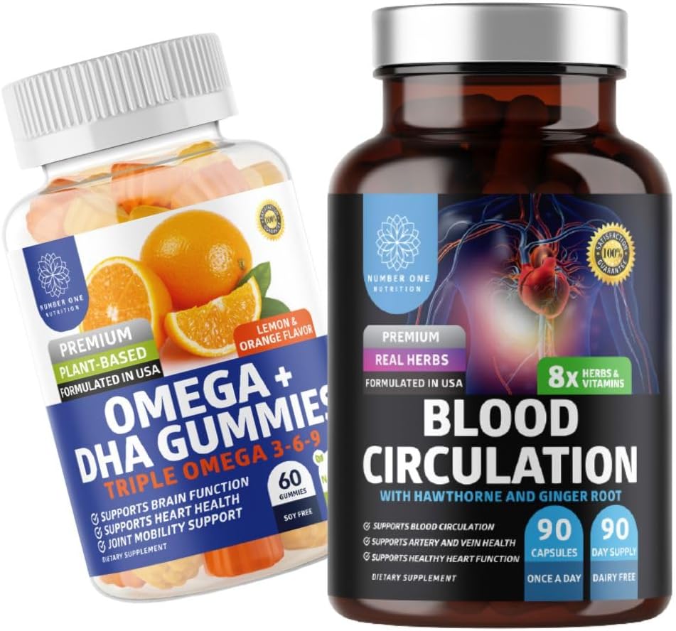 번호 하나 영양 N1N 프리미엄 혈액 순환 보충교재 [8 강력한 허브 & 비타민]와 Omega 3 6 9 + DHA Gummies, 2 팩 뭉치