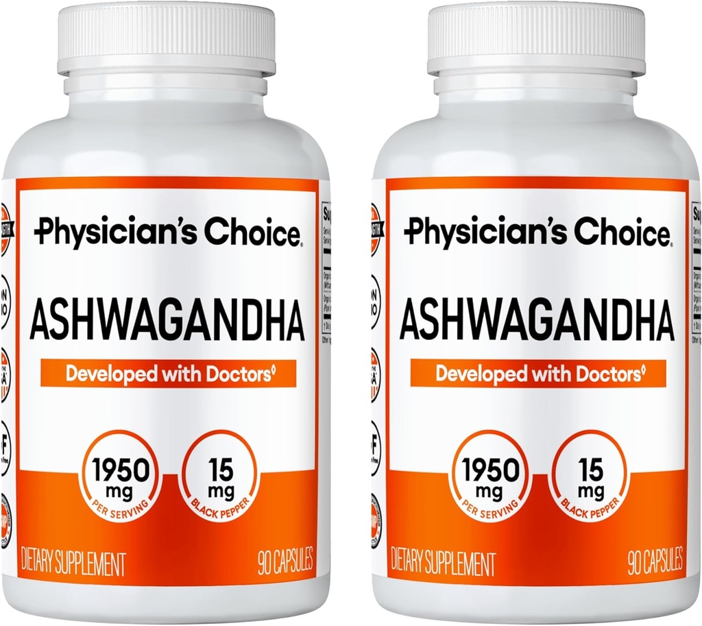 Physician 's CHOICE Ashwagandha 1950mg 유기 Ashwagandha 뿌리 분말 블랙퍼 추출물, 스트레스 지원, 무드 지원 보충교재, 90 Veggie Ashwagandha 캡슐 - 2 PCK