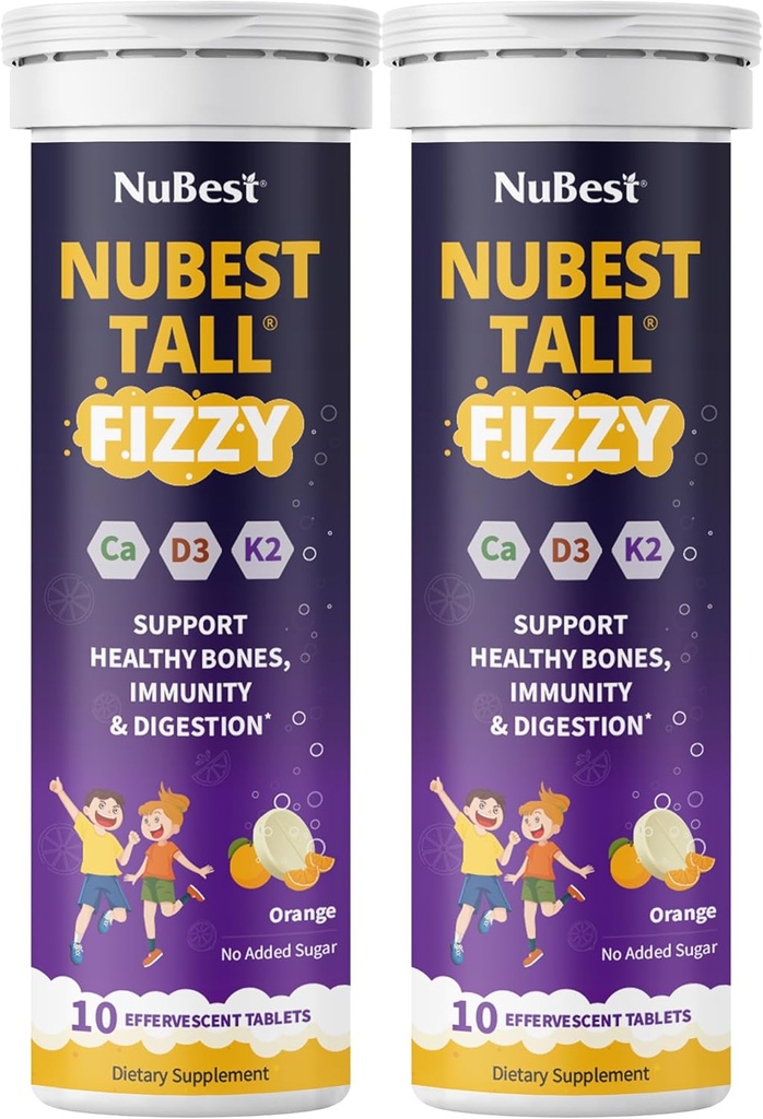 NuBest Tall Fizzy | Bone Strength, Immunity, Digestive Health for Kids Age 4+ & Teen | 프로바이오틱스, 칼슘, 레드 마린 조류, 비타민의 마그네슘 | 20 오렌지 Effervescent Tablet | Pack 2