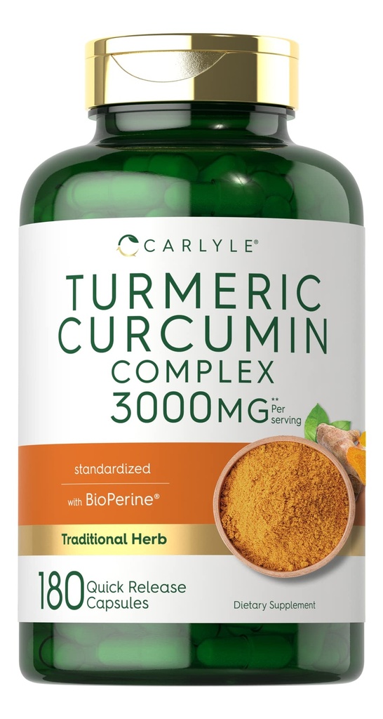 Carlyle Turmeric Curcumin 보충 | 3000mg 180 캡슐 | 블랙퍼, 쿠르쿠미노이드 및 바이오페린 | Non-GMO, 글루텐 프리