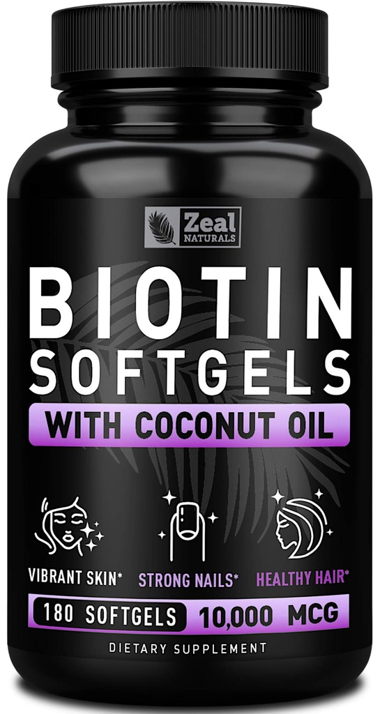 Zeal Biotin 10000mcg 유기 코코넛 오일 Softgels | 비타민 Biotin 보충교재 | 여성 및 남성에 대 한 머리 피부와 네일 비타민 | 6 mo 공급 - 180 젤 캡슐