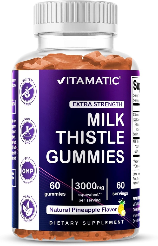 Vitamatic 우유 이틀 구미 - 봉사 당 10000 mg 동등물 (50:1 추출물 200 mg에서) - Liver Detox & 반대로 산화 건강 - Min. 80% Silymarin 플라보노이드 - 60 Pectin 근거한 구미