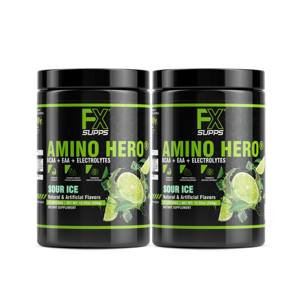 FXSUPPS Amino Hero Sour Ice flavor (50 서빙) | 남자와 여자를위한 포스트 운동 회복 음료 | BCAA, EAA 및 Electrolytes와 에너지 분말 혼합 | Endurance 및 건강한 근육 촉진 - 2 팩