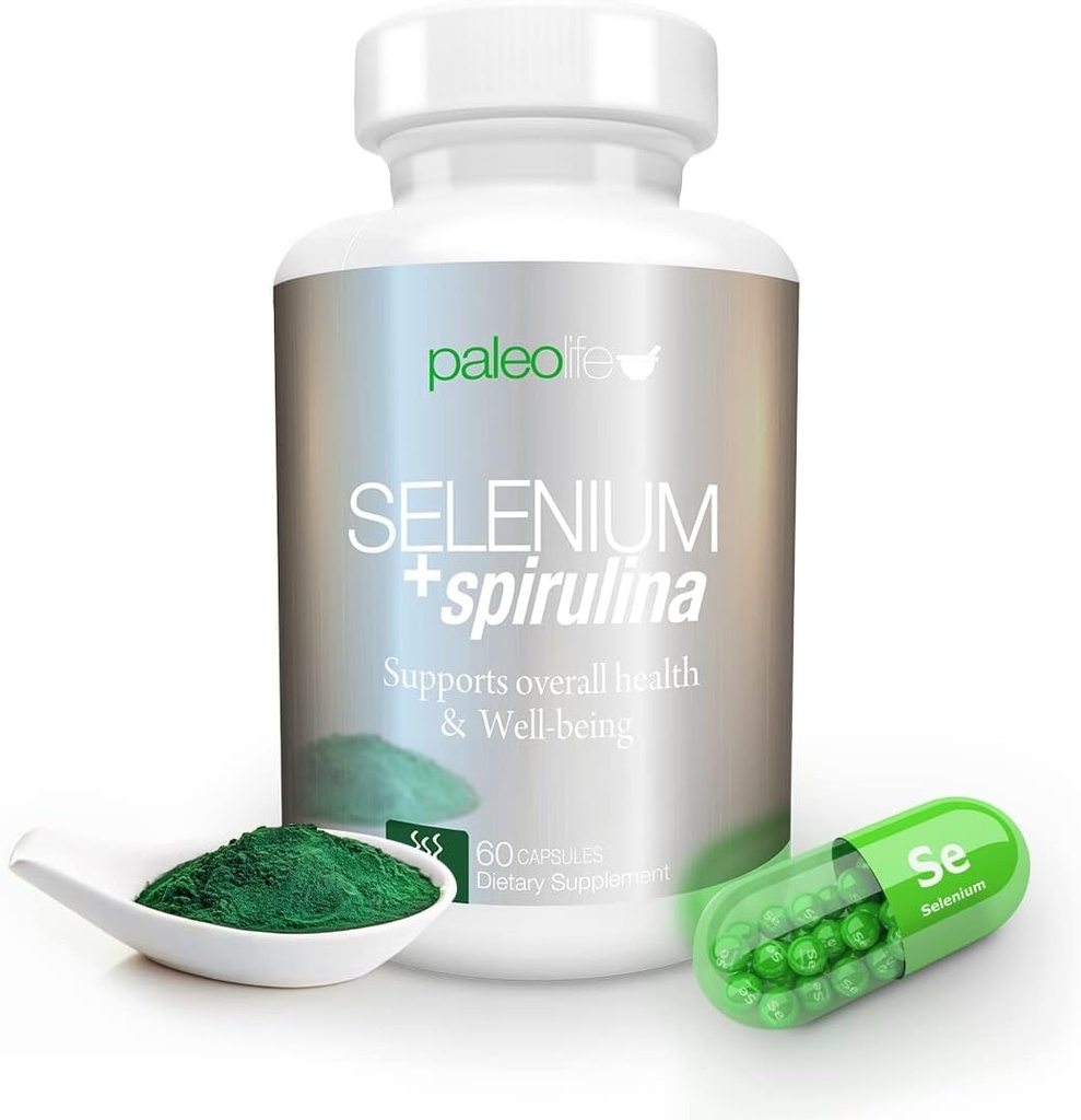 프리미엄 셀레늄 + Spirulina - 두뇌 기능을위한 프리미엄 산화 보충 - 60 일 공급 (60 캡슐) - (1 팩)