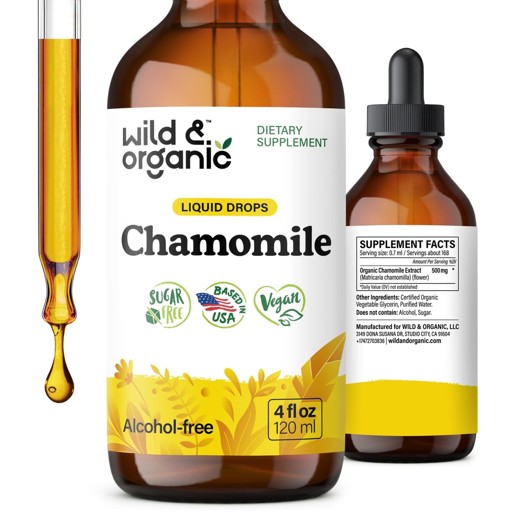 야생 & 유기 Chamomile 꽃 Tincture - 진정을위한 Calming 보충 - Chamomile Extract Liquid Drops - Vegan, Sugar & Alcohol-Free - 4 fl oz