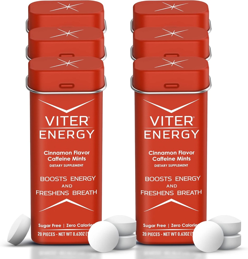 Viter Energy Caffeine Mints (120 조각) - 40mg Caffeine, Sugar Free, Vegan, B Vitamins Complex, 에너지 보충 카페인 알약 (시나몬, 6 팩)
