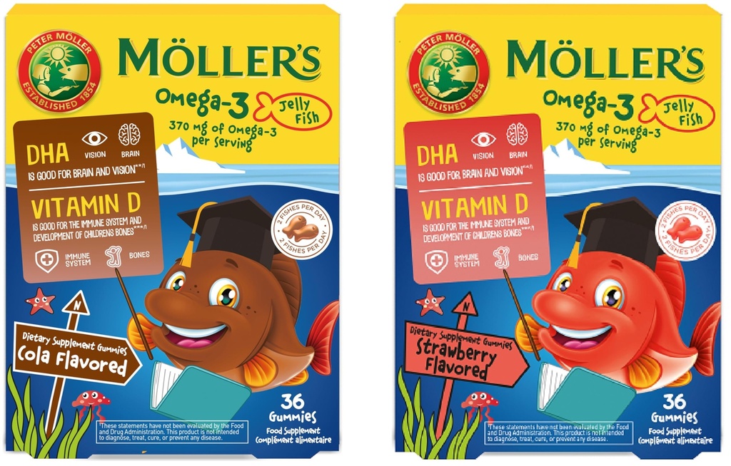 MÖLLER'S | 어린이용 오메가 3 캡슐 | DHA와 EPA의 천연 오메가 3 생선 | 찹쌀, 글루텐, 락토스, 설탕에 쉽게 | 72 팩 |콜라 & 딸기 풍미