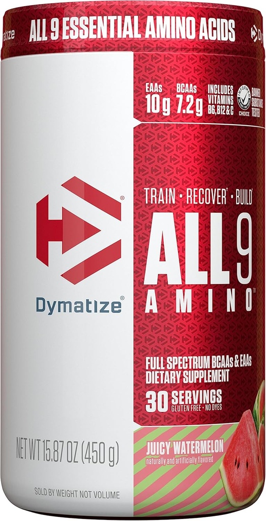 Dymatize All9 아미노산, BCAA의 7.2g, 가득 차있는 스펙트럼의 10g는 회복과 최선 근육 단백질 종합, Juicy Watermelon, 30의 서빙, 15.87 Ounce를 위한 서빙 당 아미노산을 강화합니다