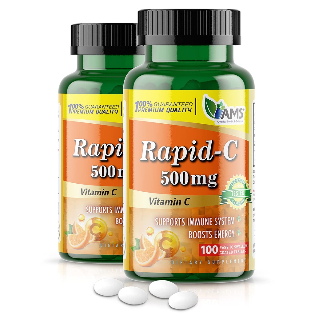 America Medic & Science Rapid-C 500mg 비타민 C 보충교재 (2 팩 100 정제) 에너지 부스터, 매일 면역 체계 지원, 산화 방지제 | Vegan, Non-GMO는 성인 남자 & 여자를 위한 아스코르브산을 입혔습니다
