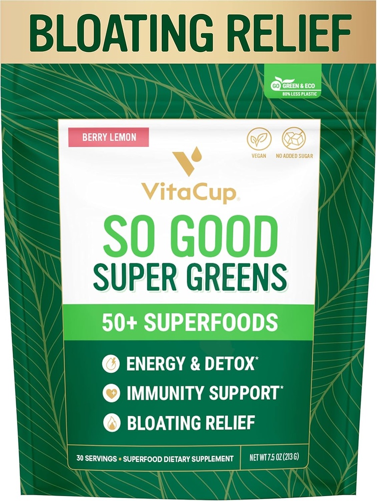 VitaCup 그래서 좋은 슈퍼 그린 분말 w / 50 + 프리미엄 슈퍼 푸드, 부스트 에너지, Detox, Immunity w / Probiotics, Prebiotics, 섬유, 산화 방지제, Adaptogens, Spirulina, Berry Lemon, 30 서빙